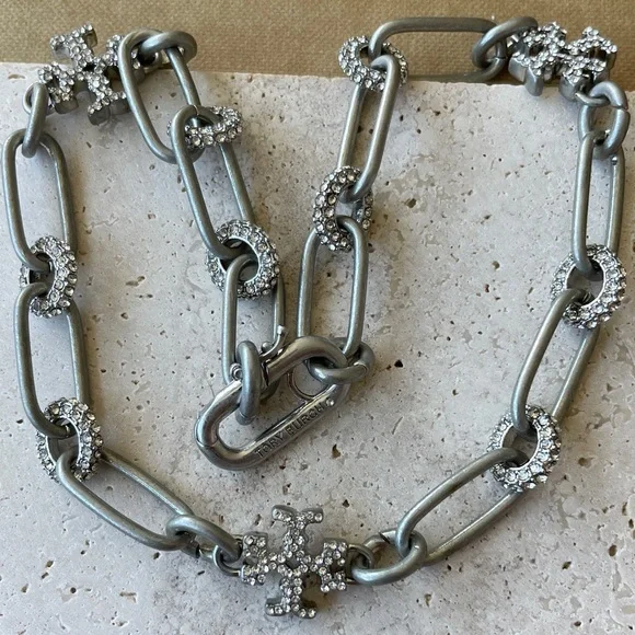 Tory Burch Silver-Tone Crystal Link Necklace - Picture 2 of 3